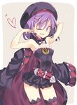  armpits bare_shoulders belt blush detached_sleeves eyebrows_visible_through_hair fate/grand_order fate_(series) hat helena_blavatsky_(fate/grand_order) jacket looking_at_viewer one_eye_closed open_mouth purple_eyes purple_hair satou_kibi short_hair sketch smile solo strapless thighhighs tree_of_life 