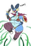  anthro areola armor big_breasts blue_eyes breasts cape clothed clothing dialogue english_text female huge_breasts jijis-waifus melee_weapon nintendo oh-jiji open_mouth pok&eacute;mon pok&eacute;morph shield skimpy slightly_chubby solo swampert sword text unconvincing_armor video_games vines weapon yelling 