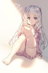  3: aile_(crossroads) artist_name bangs bare_legs barefoot blue_eyes blush closed_mouth eromanga_sensei eyebrows_visible_through_hair foreshortening frills grey_hair izumi_sagiri long_hair long_sleeves pajamas revision signature sitting solo thighs wavy_mouth 