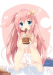  ? animal_ears bangs bare_arms bare_shoulders barefoot bloomers blush bread bunny_ears camisole commentary_request cup dress eyebrows_visible_through_hair feet food hair_between_eyes head_tilt holding holding_cup holding_spoon kushida_you legs_up long_hair looking_at_viewer on_bed original pink_hair ribbon sitting soles solo spoon spoon_in_mouth underwear very_long_hair white_bloomers white_camisole white_dress wooden_spoon yellow_ribbon 