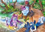  anthro canine day female forest fuzzymaro grass group mammal nintendo nude plant playing pok&eacute;mon psyduck river traditional_media_(artwork) tree video_games water watercolor_(artwork) wolf 