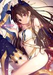  asymmetrical_legwear asymmetrical_sleeves bare_shoulders black_hair breasts crown earrings elbow_gloves fate/grand_order fate_(series) gloves heavenly_boat_maanna hoop_earrings ishtar_(fate/grand_order) jewelry knee_up long_hair looking_at_viewer medium_breasts navel necomi pelvic_curtain red_eyes single_elbow_glove single_thighhigh thighhighs thighs two_side_up 