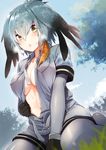  bangs belt black_gloves black_hair blue_sky blush breasts breath collared_shirt commentary_request covered_nipples day eyebrows_visible_through_hair gloves grey_hair grey_legwear grey_shirt grey_shorts hair_between_eyes head_wings highres kemono_friends long_hair looking_at_viewer low_ponytail medium_breasts multicolored_hair necktie open_clothes open_shirt outdoors pantyhose parted_lips shirt shoebill_(kemono_friends) short_sleeves shorts side_ponytail sky solo umakuchi_shouyu wing_collar yellow_eyes 