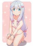  aqua_eyes barefoot bdsm blush bow bra breasts cuffs eromanga_sensei hair_bow handcuffs highres izumi_sagiri kneehighs kneeling long_hair looking_at_viewer low-tied_long_hair panties pink_background pink_bow pink_bra pink_panties silver_hair small_breasts solo sparkle_background tomitayaki underwear underwear_only 