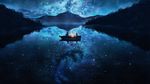  1girl blue boat dark from_behind lake lantern looking_at_another mountain natsu_(hottopeppa3390) nature night night_sky original outdoors reflection scenery sitting sky star_(sky) starry_sky watercraft 