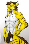  2017 5_fingers abs anthro balls beard biped black_horn black_penis blue_eyes brown_hair brown_scales brown_stripes brown_tail bulge claws digital_media_(artwork) dragon eastern_dragon elbow_tufts eyebrows facial_hair flaccid flesh_whiskers front_view goatee gradient_background hair hand_on_hip hi_res horn humanoid_penis looking_at_viewer male multicolored_scales multicolored_tail muscular muscular_male navel pecs penis portrait pubes scales scalie serith signature simple_background smile snout solo standing striped_scales striped_tail stripes three-quarter_portrait tsaiwolf tuft two_tone_tail uncut vein veiny_penis whiskers white_balls white_claws white_scales yellow_scales yellow_tail 