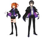  1girl black_hair black_scrunchie blue_eyes bolo_tie cape capelet fate/grand_order fate_(series) fujimaru_ritsuka_(female) fujimaru_ritsuka_(male) full_body gloves hair_intakes hand_on_hip looking_at_viewer necktie official_style one_side_up orange_hair purple_neckwear scrunchie shorts smile standing thigh_strap transparent_background uniform uraha white_gloves yellow_eyes 