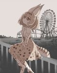  amusement_park animal_ears bare_shoulders belt between_legs boku_no_friend boots bow bowtie brown_ribbon cross-laced_clothes dot_nose elbow_gloves eyebrows_visible_through_hair fence ferris_wheel from_side gloves ground hair_between_eyes hand_between_legs kawanobe kemono_friends light_brown_eyes lonely looking_away looking_up monochrome_background muted_color orange_hair outdoors ribbon roller_coaster sad serval_(kemono_friends) serval_ears serval_print serval_tail shirt shoe_ribbon short_hair sitting sitting_on_fence skirt sleeveless sleeveless_shirt solo spot_color striped_tail tail thighhighs tree white_footwear white_shirt 