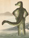  2018 alligator anthro breasts caribou_(artist) crocodilian day detailed_background female nude outside partially_submerged reptile scalie side_boob solo standing swamp teeth yellow_eyes 