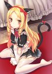  &gt;:( alternate_costume animal_ears apron between_legs black_dress blonde_hair blush bow bowtie brown_eyes carpet cat_ears cat_tail center_frills closed_mouth commentary_request dress drill_hair elbow_gloves enmaided eromanga_sensei frown full_body garter_straps gloves hair_bow hairband hand_between_legs indoors kamome_yuu kemonomimi_mode long_hair looking_at_viewer maid on_floor pointy_ears puffy_short_sleeves puffy_sleeves red_bow red_hairband red_neckwear reflective_floor short_sleeves solo tail tareme thighhighs toe_scrunch twin_drills v-shaped_eyebrows very_long_hair white_apron white_bow white_gloves white_legwear yamada_elf zettai_ryouiki 