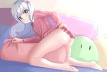  1girl 3: angry aqua_eyes artist_request ass bangs barefoot blush bow couch eromanga_sensei feet frilled_shorts frills hair_bow izumi_sagiri long_hair looking_at_viewer looking_back no_shoes pillow red_bow shorts soles solo toes white_hair 