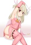  arm_up armpits ass bare_shoulders blonde_hair boots breasts brown_eyes cape commentary covered_navel elbow_gloves fate/kaleid_liner_prisma_illya fate_(series) feathers gloves hair_feathers illyasviel_von_einzbern long_hair looking_at_viewer magical_girl no_panties pink_footwear pink_gloves prisma_illya small_breasts solo thigh_boots thighhighs toshishikisai two_side_up white_gloves 