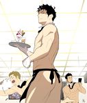  3boys abs apron ass bara black_hair food gloves itto_(mentaiko) looking_at_viewer male_focus multiple_boys muscle necktie sweat tray waiter 