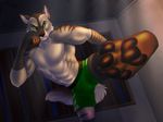  2017 4_toes 5_fingers abs anthro arm_wraps barefoot biceps biped black_nose brown_claws brown_fur brown_pawpads brown_tail canine claws clothed clothing delta_wulf detailed_background digital_media_(artwork) eyebrows fighting_stance foreshortening front_view fur green_bottomwear green_clothing green_eyes green_shorts grey_fur grey_tail inside kick male mammal marsel-defender multicolored_fur multicolored_tail muscular muscular_male on_one_leg pawpads paws pecs serratus shorts solo standing toe_claws toes topless white_fur white_tail window wolf wraps 