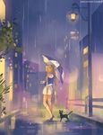  artist_name bishoujo_senshi_sailor_moon blonde_hair casual cat city deviantart_username double_bun evening from_behind full_body kneehighs lamppost long_hair luna_(sailor_moon) megatruh plant rain road skirt standing street tsukino_usagi twintails umbrella very_long_hair watermark web_address white_skirt 