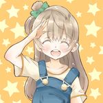  :d ^_^ bangs bow closed_eyes facing_viewer green_bow grey_hair hair_bow long_hair love_live! love_live!_school_idol_project minami_kotori one_side_up open_mouth orange_background overalls salute sanpo short_sleeves smile solo star starry_background upper_body 