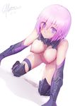  absurdres all_fours bare_shoulders blush breasts cleavage elbow_gloves eyebrows_visible_through_hair fate/grand_order fate_(series) gloves gorgeous_mushroom greaves hair_over_one_eye heart heart-shaped_pupils highres mash_kyrielight medium_breasts navel nipples pubic_hair purple_eyes purple_hair pussy_juice short_hair solo sweat symbol-shaped_pupils torn_clothes 