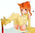  1girl :3 animal_ears artist_request bracelet character_request chinese_dress copyright_request dress elbow_gloves gloves heart looking_down orange_hair panties pantyshot pantyshot_(sitting) red_eyes shadow simple_background sitting smile solo thighhighs white_background white_panties yellow_gloves yellow_legwear 