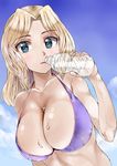  1girl bikini blonde_hair blue_eyes blush breasts girls_und_panzer kay_(girls_und_panzer) large_breasts sikijou77o solo swimwear 