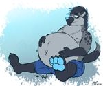  2017 4_fingers 4_toes anthro barefoot belly big_belly biped black_claws black_fur black_hair black_spots black_tail blue_bottomwear blue_clothing blue_eyes blue_hair blue_highlights blue_nose blue_pawpads blue_shorts claws clothed clothing digital_media_(artwork) dipstick_tail ear_piercing full-length_portrait fur gradient_background grey_fur grey_tail hail_(md-luffy) hair hand_on_stomach highlights hyena industrial_piercing male mammal motion_lines multicolored_fur multicolored_hair multicolored_tail nipples overweight overweight_male pawpads paws piercing pink_nipples portrait shorts signature simple_background sitting smile snout solo spots spotted_fur spotted_hyena tanio toe_claws toes topless two_tone_hair two_tone_tail 