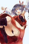  alternate_costume armpits blue_eyes boots breasts cosplay detached_sleeves hair_ribbon large_breasts leotard looking_at_viewer m.u.g.e.n mononobe_no_futo open_mouth outstretched_arms ribbon sendai_hakurei_no_miko sendai_hakurei_no_miko_(cosplay) side_ponytail silver_hair smile solo touhou wide_sleeves yohane 