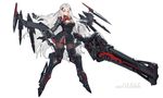  albino armor black_dress black_gloves black_legwear boots breasts cleavage cleavage_cutout commentary_request dress full_body gloves highres huge_weapon kishiyo large_breasts long_hair looking_at_viewer mecha_musume mechanical_wings metal_boots original pantyhose red_eyes revision silver_hair smile solo tachi-e thigh_boots thighhighs very_long_hair weapon white_hair wings 
