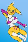  2017 big_breasts bikini blue_background blue_eyes breasts cleavage clothed clothing creatiffy digimon female looking_at_viewer renamon simple_background solo swimsuit 