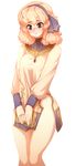  1girl barbariank blonde_hair brown_eyes character_request covering covering_crotch embarrassed eyebrows_visible_through_hair fire_emblem hairband highres jewelry long_sleeves looking_away no_panties no_pants pendant short_hair side_slit simple_background solo thighs tunic wavy_mouth white_background 