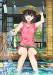 :d adjusting_clothes adjusting_hat armpit_peek blush eyebrows_visible_through_hair flower hat hat_flower highres holding_hose hose looking_at_viewer md5_mismatch open_mouth original pink_shirt pool shirt sitting smile soaking_feet solo straw_hat sudare sugi87 wading_pool water water_drop wind_chime 
