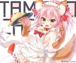  animal_ears apron bell bell_collar blush breasts character_name cleavage collar fang fate/grand_order fate_(series) food fox_ears fox_tail hair_ribbon highres komiya_hitoma large_breasts long_hair looking_at_viewer maid_headdress naked_apron open_mouth paws pink_hair ribbon ribbon-trimmed_legwear ribbon_trim sideboob solo tail tamamo_(fate)_(all) tamamo_cat_(fate) white_legwear yellow_eyes 