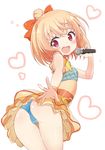  alternate_costume anne_happy ass bikini bow frilled_bikini frills hair_bow hair_bun hanakoizumi_an highres itamochi microphone open_mouth orange_hair red_eyes see-through skirt swimsuit white_background 