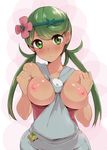  apron areolae bare_shoulders between_breasts blush breasts breasts_outside clothes_between_breasts dark_skin eyebrows_visible_through_hair flower green_eyes green_hair hair_flower hair_ornament long_hair looking_at_viewer mao_(pokemon) medium_breasts nipples overalls pokemon pokemon_(game) pokemon_sm pout solo trial_captain twintails tyranu upper_body 
