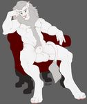  2016 4_toes 5_fingers animal_genitalia anthro armchair balls barefoot biceps big_balls biped body_hair chair chest_hair digital_media_(artwork) digitigrade ear_piercing eyebrows feline front_view full-length_portrait fully_sheathed fur green_eyes grey_background grey_fur grey_mane happy_trail hi_res humanoid_hands lion looking_at_viewer male mammal mane missy_(artist) multicolored_fur muscular muscular_male nude orion_mckracken pecs piercing pink_nose portrait sheath signature simple_background sitting smile solo tail_tuft toes tuft two_tone_fur white_balls white_fur white_lion white_tail 