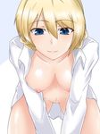  all_fours areolae blonde_hair blue_eyes breasts collarbone collared_shirt darjeeling dress_shirt eyebrows_visible_through_hair girls_und_panzer large_breasts looking_at_viewer mishiro_hifumi naked_shirt navel nipples open_clothes open_shirt partially_undressed raised_eyebrows shirt smile solo thighs white_background white_shirt 