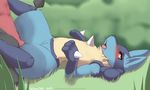  2014 anthro anthrofied black_fur blue_fur blush canine duo edit faceless_male female fur grass houndoom lucario lying male male/female mammal nintendo on_back open_mouth penis pok&eacute;mon pok&eacute;morph pussy red_eyes redwolfxiii sex side_view solo_focus spikes tongue tongue_out video_games yellow_fur 