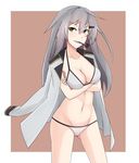  bad_id bad_twitter_id bikini breasts cyka facial_scar gangut_(kantai_collection) grey_hair kantai_collection large_breasts long_hair long_sleeves looking_at_viewer military military_jacket military_uniform pipe pipe_in_mouth remodel_(kantai_collection) scar scar_on_cheek smile solo swimsuit uniform white_bikini yellow_eyes 