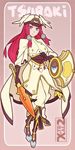  1girl black_boots black_gloves blazblue blue_eyes boots cape gloves hat holding holding_weapon long_hair red_hair sidelocks solo sword tagme tsubaki_yayoi weapon white_pants white_shirt winged_hat 
