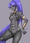  abs absurdres assassin_(fate/zero) bare_shoulders black_eyes black_skin blue_hair breasts breasts_apart covered_nipples earrings fate/zero fate_(series) female_assassin_(fate/zero) gggg grey_background highres jewelry leg_up long_hair looking_at_viewer medium_breasts muscle navel parted_lips ponytail revealing_clothes simple_background solo very_long_hair 