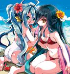  ahoge ass barefoot beach bikini black_hair breasts cleavage crab flower food gouda_nagi grey_eyes grey_hair hair_flower hair_ornament hair_over_one_eye hayashimo_(kantai_collection) hibiscus highres kantai_collection kickboard kiyoshimo_(kantai_collection) long_hair low_twintails multiple_girls outdoors popsicle red_bikini side-tie_bikini sitting small_breasts swimsuit twintails very_long_hair white_swimsuit yellow_eyes 