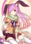  :o animal_ears blush braid bunny_ears gloves long_hair one_eye_closed original pink_hair red_eyes scarf shirako_miso shorts sitting solo striped striped_scarf thighhighs wariza 