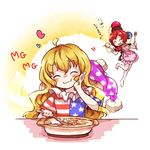  ^_^ ahoge american_flag_dress apron bare_legs barefoot blonde_hair chain closed_eyes clownpiece commentary earth_(ornament) eating food foodgasm hand_on_own_cheek hat hat_removed headwear_removed heart hecatia_lapislazuli highres iiwake index_finger_raised jester_cap long_hair mg_mg miniskirt moon_(ornament) motherly multicolored multicolored_clothes multicolored_skirt multiple_girls neck_ruff pasta polka_dot polos_crown red_hair skirt smile spatula spoon star star_print striped touhou translated very_long_hair wavy_hair 