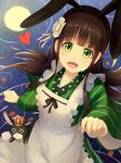  ama_usa_an_uniform animal animal_ears anko_(gochiusa) apron bangs black_hairband blunt_bangs breasts brown_hair bunny bunny_ears clenched_hand commentary_request cowboy_shot crown fake_animal_ears flower from_above full_moon gochuumon_wa_usagi_desu_ka? green_eyes green_kimono hair_flower hair_ornament hairband highres japanese_clothes kimono long_hair long_sleeves looking_at_viewer mazeru_(oekaki1210) mini_crown moon night night_sky open_mouth outdoors petals petals_on_liquid ribbon ripples sidelocks sky small_breasts smile star_(sky) straight_hair striped ujimatsu_chiya uniform vertical-striped_kimono vertical_stripes water white_apron white_ribbon wide_sleeves 