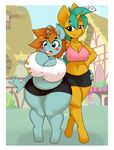  2017 anthro anthrofied big_breasts blush breasts buckteeth cleavage clothed clothing crossgender duo equine female friendship_is_magic horn kloudmutt mammal my_little_pony ponyville public snails_(mlp) snips_(mlp) teeth unicorn wide_hips 