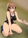  1girl bare_arms bare_legs bare_shoulders black_swimsuit blue_eyes blush breasts brown_hair censored cleavage eyebrows eyebrows_visible_through_hair handjob highres kagemusha large_breasts legs long_hair looking_away mosaic_censoring original penis ponytail shiny shiny_clothes simple_background sitting socks solo_focus sweatdrop swimsuit thighs 