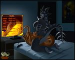  anthro bed bedroom big_breasts blue_eyes breasts claws controller cunnilingus digital_media_(artwork) dinosaur duo female kendra_nails kentrosaurus long_neck long_tail lordstevie muscular muscular_female oral piercing poster reptile scalie sex spikes television thick_tail toe_claws vaginal video_games voluptuous wide_hips 