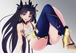  :d armlet asymmetrical_legwear black_hair black_panties black_ribbon blurry breasts cleavage depth_of_field earrings fate/grand_order fate_(series) gradient gradient_background grey_background hair_ornament hair_ribbon ishtar_(fate/grand_order) jewelry kesoshirou long_hair long_legs looking_at_viewer open_mouth panties pink_eyes ribbon small_breasts smile solo strapless thighhighs two_side_up underwear very_long_hair 