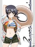  2017 bikini bikini_under_clothes black_hair braid breasts brown_shorts bukkuri character_name cleavage cowboy_shot dated dress_shirt girls_und_panzer grin hawaiian_shirt highres innertube large_breasts looking_at_viewer navel o-ring o-ring_top open_clothes open_fly open_shirt pepperoni_(girls_und_panzer) shirt short_hair shorts side_braid signature smile solo striped striped_bikini swimsuit swimsuit_under_clothes 