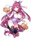  absurdly_long_hair bamboo_steamer bangs baozi black_legwear blunt_bangs breasts brown_eyes china_dress chinese_clothes cleavage_cutout covered_navel dress food full_body hair_ornament hair_stick large_breasts legs_up long_hair one_side_up original purple_hair sandals shirako_miso simple_background solo swept_bangs thighhighs very_long_hair wristband 