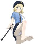  1girl barefoot baton blonde_hair blue_eyes expandable_baton feet looking_at_viewer pantyshot police pov short_hair soles toes 