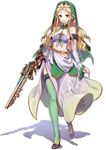  antique_firearm bangs blonde_hair breasts detached_sleeves firearm full_body green_legwear gun high_heels holding holding_gun holding_weapon long_hair looking_at_viewer medium_breasts midriff navel open_mouth original phantom_of_the_kill shadow shirako_miso simple_background smile solo standing thighhighs veil wavy_hair weapon white_background 